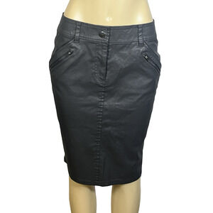 LOFT Skirt Womens 8 Black Waxed Cotton Pencil Knee Length Zip Pockets Twill